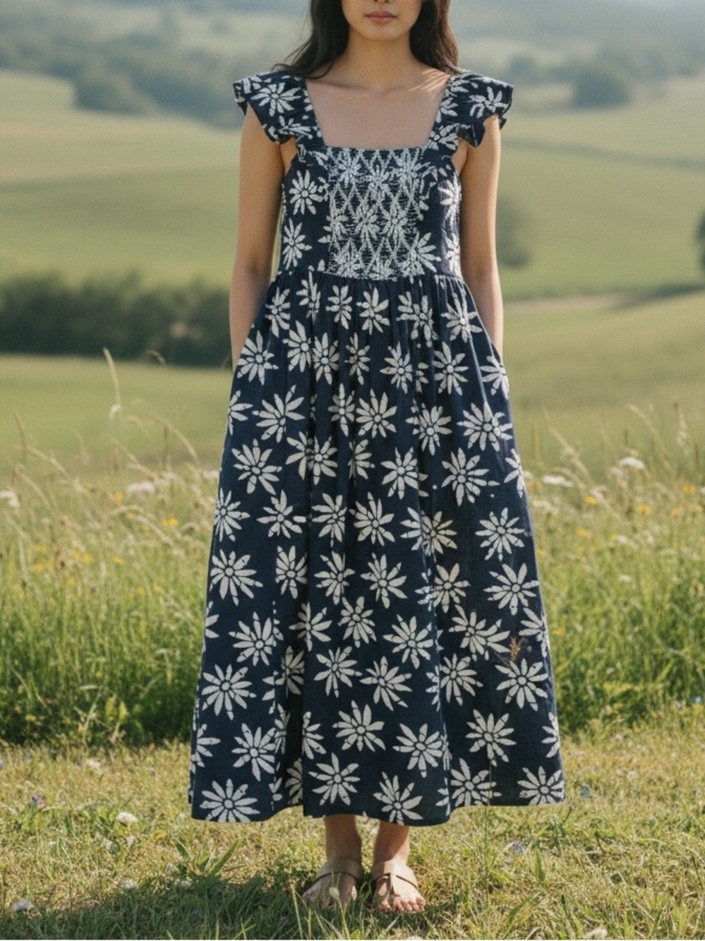 NWT En Saison Catalina Linen Blend Navy and White Floral Smocked Sundress Small